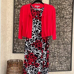 Black/red/white sleeveless spring/summer dress with red jacket, size small